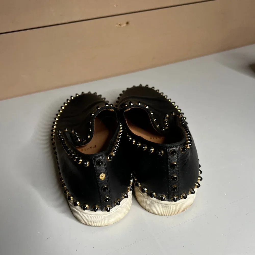 Christian Louboutin Roller Boat Black Leather Spiked‎ Slip On Sneakers 37.5